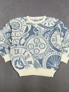 Club International Geometric Crewneck Knit  Sweater Blue & Cream Large